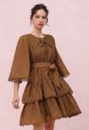 Cutwork Trim Flare Sleeve Tiered Dress in Caramel