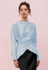 Boat Neck Crisscross Waist Satin Top in Blue