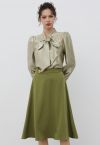 Golden Button Embellished Midi Skirt in Moss Green