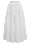 Floral and Stem Jacquard Pleated Midi Skirt in White