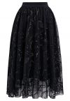 Metallic Thread Fuzzy Floral Mesh Midi Skirt in Black