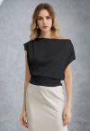 One-Shoulder Shirred Back Satin Top in Black