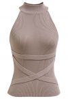 Crisscross Ribbon Sleeveless Halter Knit Top in Taupe