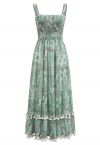 Floral Printed Tassel Trim Shirred Cami Dress in Green