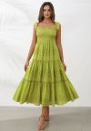 Lime Embroidery Shirred Tie-Strap Maxi Dress