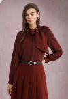 Pearl Neckline Side Bowknot Satin Top in Burgundy