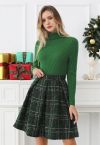 Shining Plaid High Waist Pleated Tweed Skirt in Dark Green