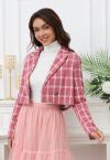 Check Tweed Padded Shoulder Cropped Blazer in Pink