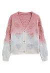 Ombre Fuzzy Heart Buttoned Knit Cardigan