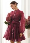 Rhinestone Decor Button Tie-Sash Organza Dress in Burgundy