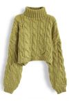 Turtleneck Braid Knit Crop Sweater in Moss Green