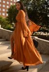 Metallic Shimmer Chiffon Ruffle Sleeve Maxi Dress in Rust