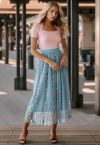 Flower Chain Embroidered Mesh Skirt in Dusty Blue