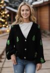 Sequin Christmas Tree Patch Button-Up Cardigan in Black