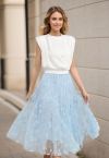 3D Posy Double-Layered Mesh Midi Skirt in Baby Blue