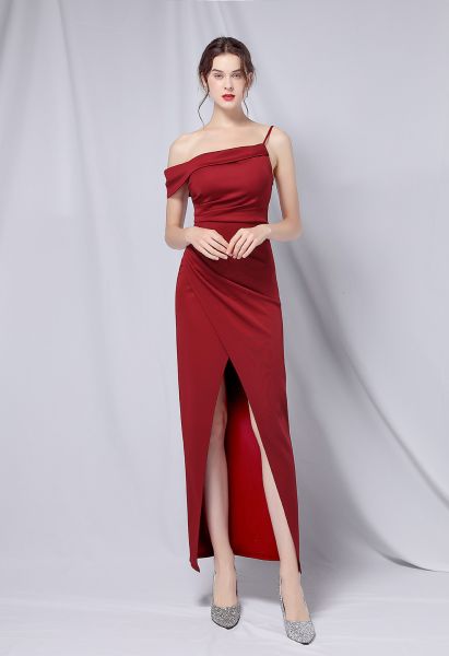 Single Strap Front Slit Gown in Burgundy