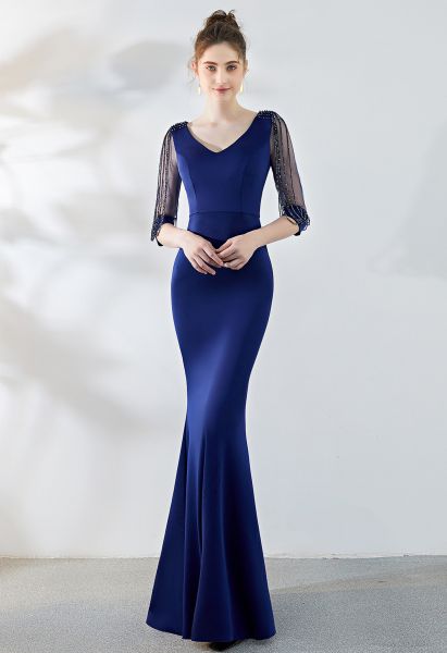 Draped Bead Mesh Sleeve Gown in Navy