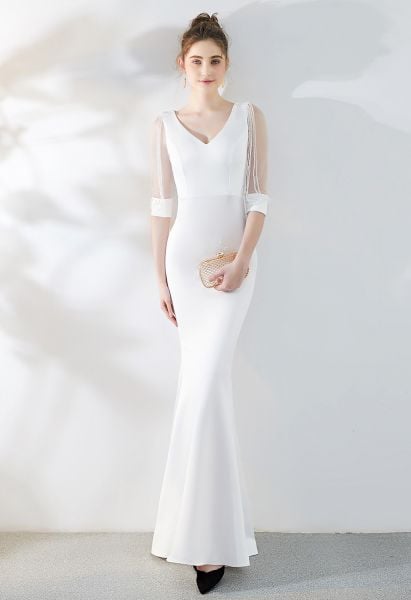 Draped Bead Mesh Sleeve Gown in White