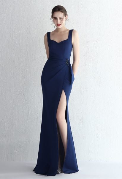 Ruched Waist High Slit Gown in Navy