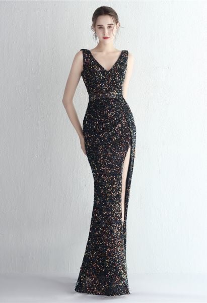 Glittering Sequin V-Neck Slit Gown in Black