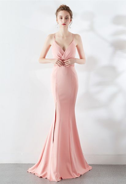 Beaded Waist Crisscross Open Back Cami Gown in Pink