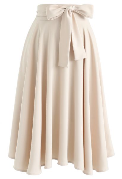 Flare Hem Bowknot Waist Midi Skirt in Light Tan