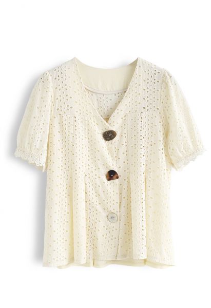 Horn Button Spliced Embroidered Eyelet Top in Cream