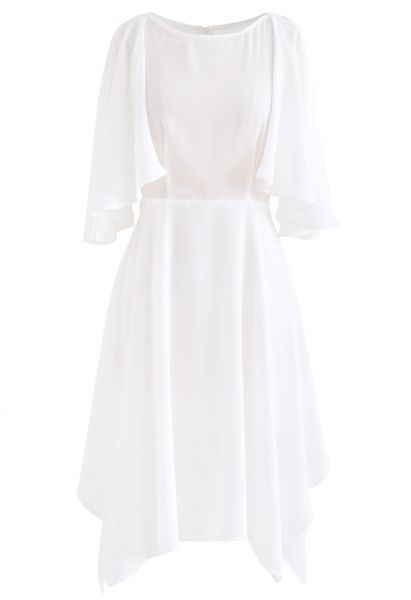 Asymmetric Cold-Shoulder Midi Dress in White