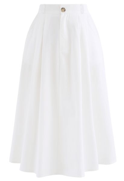 Slant Pockets A-Line Midi Skirt in White