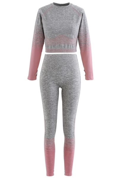 Striped Seamless Crop Top and Ankle-Length Leggings Set in Pink