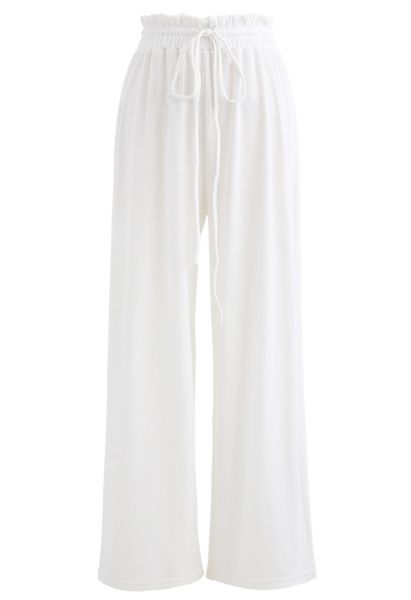 Drawstring Paper-Bag Waist Ribbed Yoga Pants in White