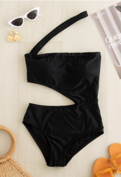 One-Shoulder Cutout One-Piece Swimsuit in Black