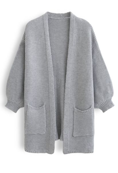 Basic Pockets Open Front Knit Cardigan in Grey