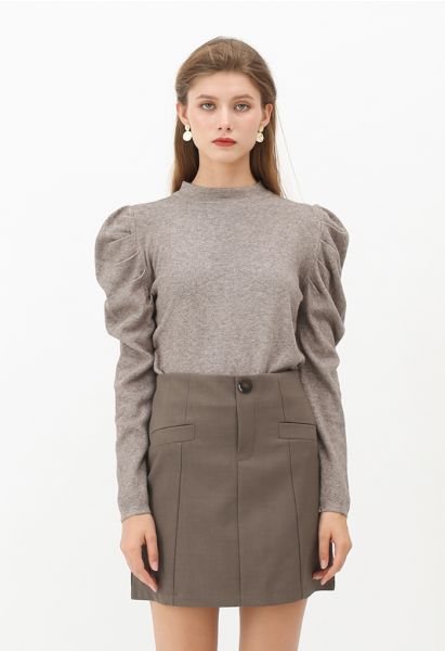 Mock Neck Bubble Sleeves Knit Top in Taupe