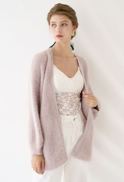 Fuzzy Open Front Waffle Knit Cardigan in Dusty Pink