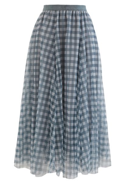 Gingham Double-Layered Mesh Tulle Midi Skirt in Green