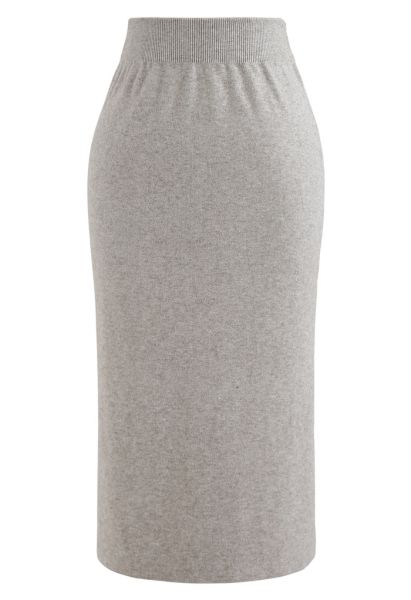 High Waist Ribbed Knit Pencil Skirt in Sand