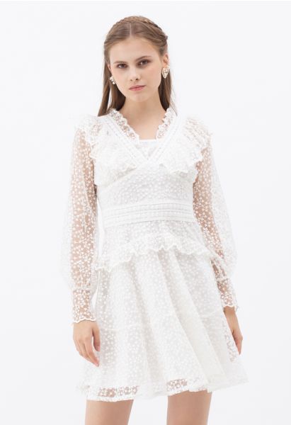 Full of Floret Embroidered Ruffle Mesh Dress in White