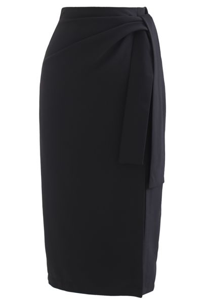 Tie Waist Front Split Pencil Skirt in Black