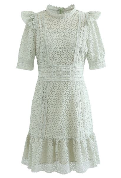 High Neck Full Crochet Mini Dress in Pistachio