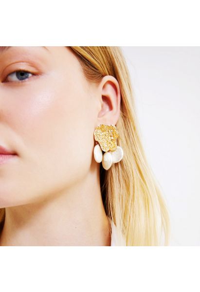 Golden Petal Coin Pearls Drop Earrings