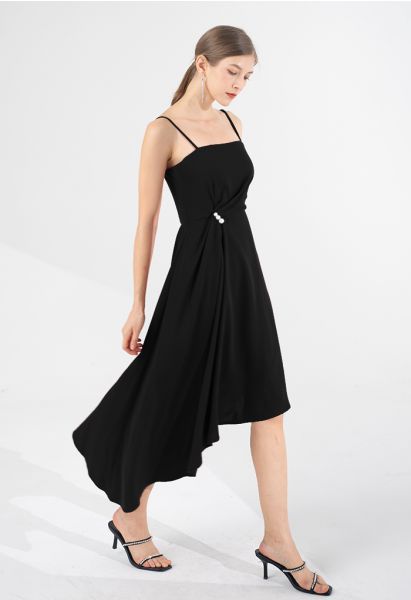 Pearl Trim Ruched Draped Asymmetric Cami Dress in Black