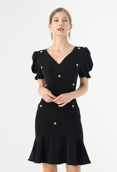 Crystal Embellished Frilling Dress in Black