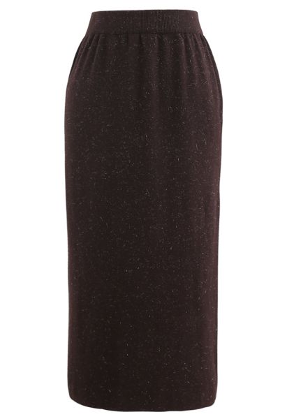 Metallic Thread Slit Back Rib Knit Skirt in Brown