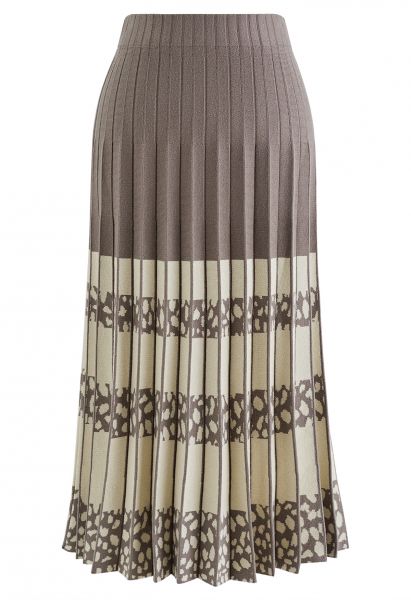 Color Block Spot Pleated Knit Skirt in Taupe