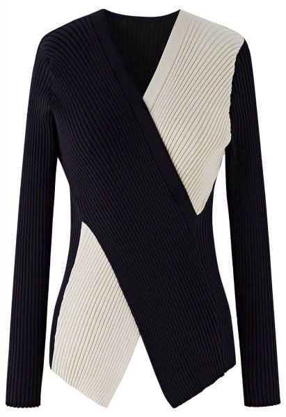 Two-Tone Crisscross Ribbed Sweater in Black