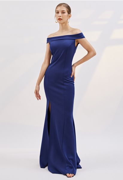 Folded Off-Shoulder Slit Mermaid Gown in Navy