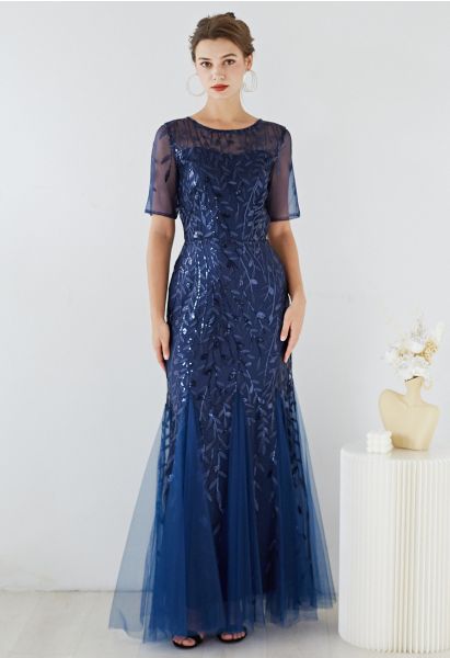 Leaves Branch Sequined Mesh Panelled Gown in Navy