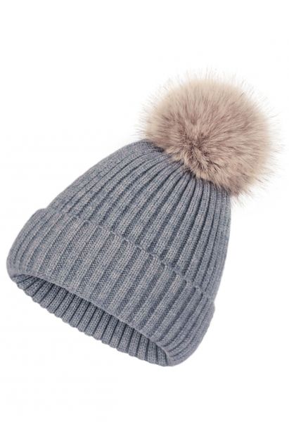 Pom-Pom Ribbed Knit Beanie Hat in Grey