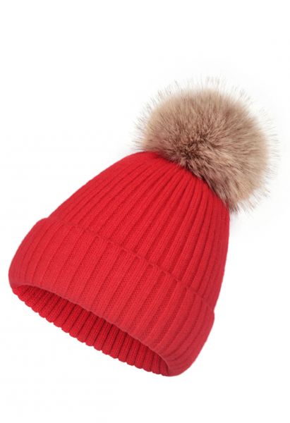 Pom-Pom Ribbed Knit Beanie Hat in Red